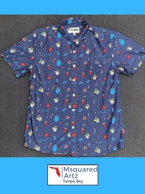 Tipsy Elves Party Button Up Shirt Mens Medium Navy Beer Pong Fireworks